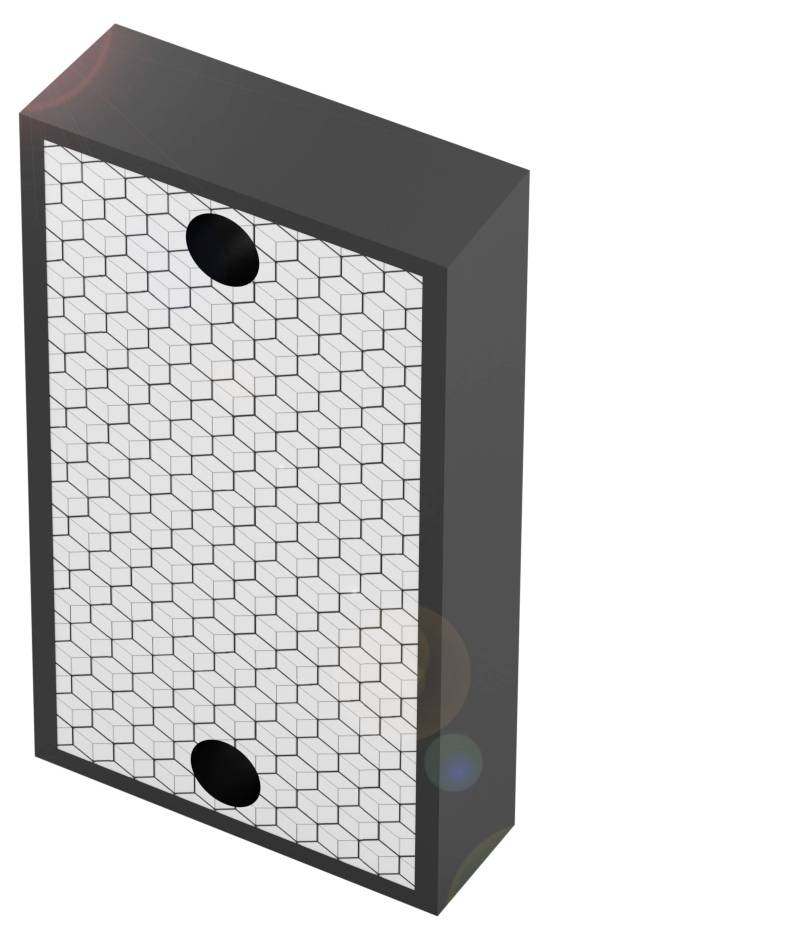 Rechteckige schwarze Box mit weißem, sechseckigem Muster auf der Vorderseite und zwei runden Löchern oben und unten.