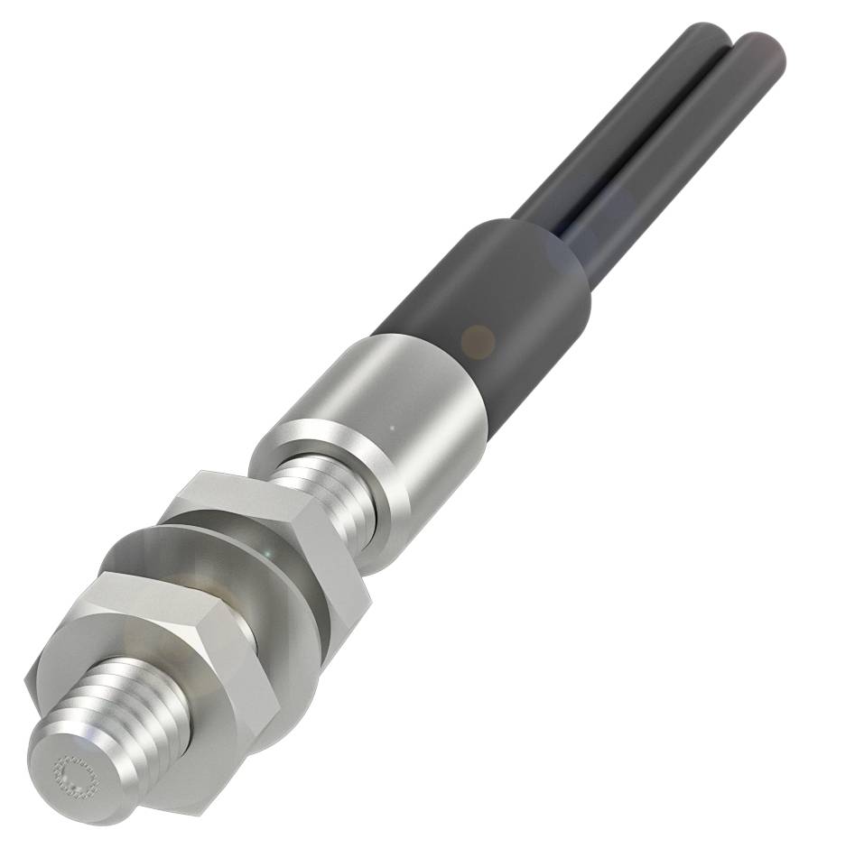 Ein silberner Temperatursensor mit langem schwarzem Kabel, geeignet für industrielle Anwendungen.