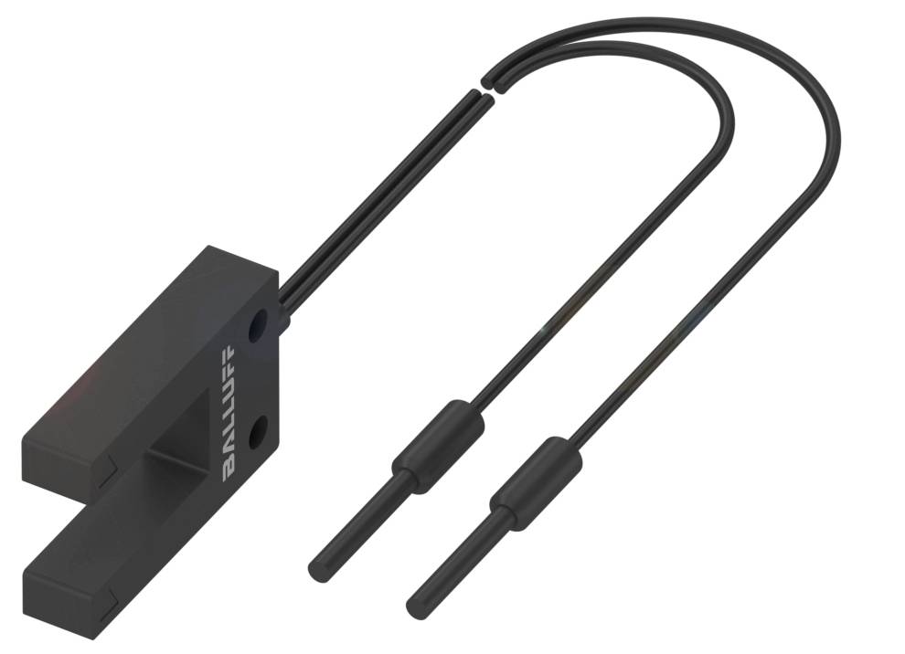 Optischer Gabelsensor mit zwei schwarzen Kabeln, auf dem 'BAUMER' steht, verwendet zur präzisen Erkennung von Positionen oder Objekten.
