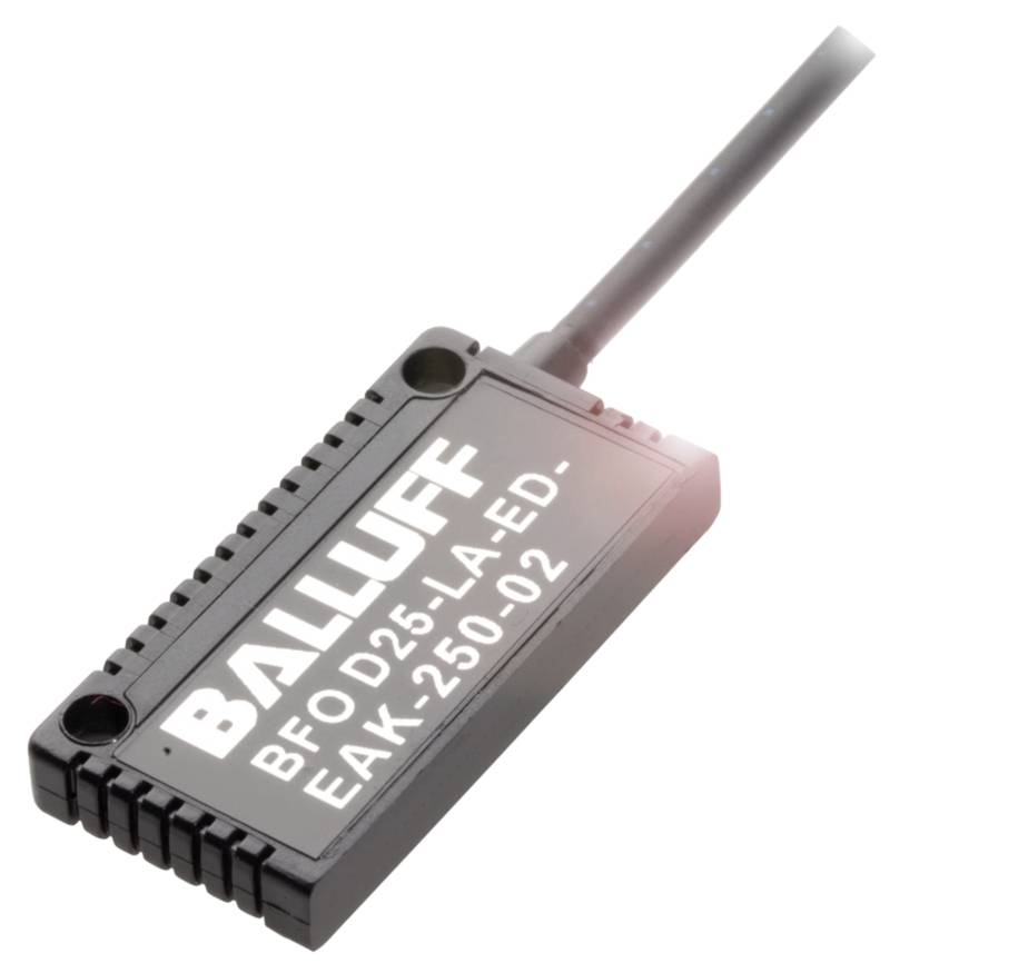 Ein rechteckiger Sensor der Marke Balluff mit der Aufschrift 'BFO D25-LA-ED EAK-250-02' und einem Kabelanschluss oben rechts.
