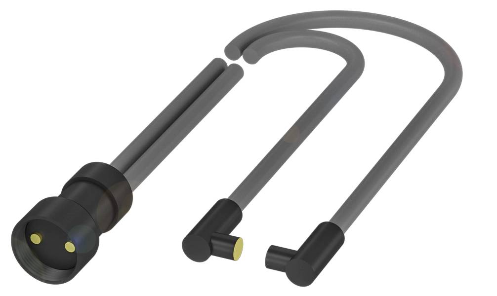 Schwarzes Fahrradschloss mit zwei Bügeln, ein Teil hat einen Steckmechanismus mit zwei gelben Kontakten.