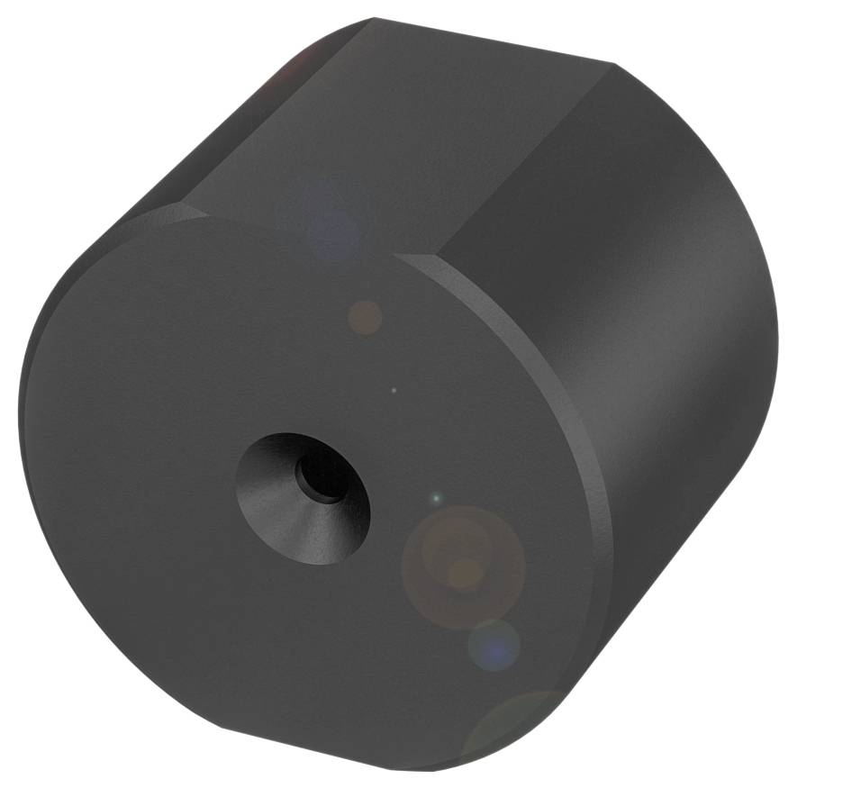 Ein schwarzer, zylinderförmiger Gegenstand mit einer zentralen Vertiefung, möglicherweise ein technisches Bauteil oder Adapter.