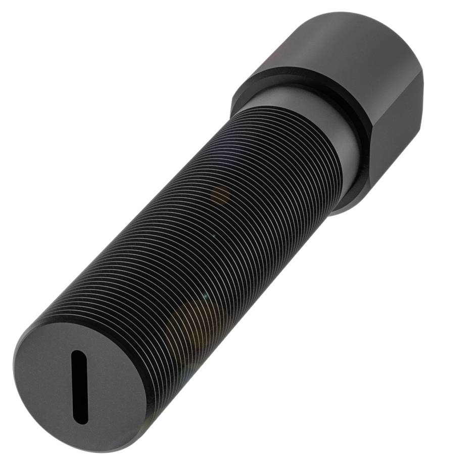 Schwarzer Sechskant-Adapter mit geripptem Griff und Schlitz an einer Seite, zeigt eine Funktionalität für Werkzeuggebrauch.