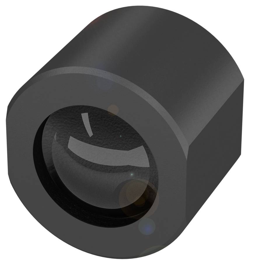 Schwarze Zylinderform mit einem runden Hohlraum in der Mitte, ähnlich einer Linse oder eines Optikelements.