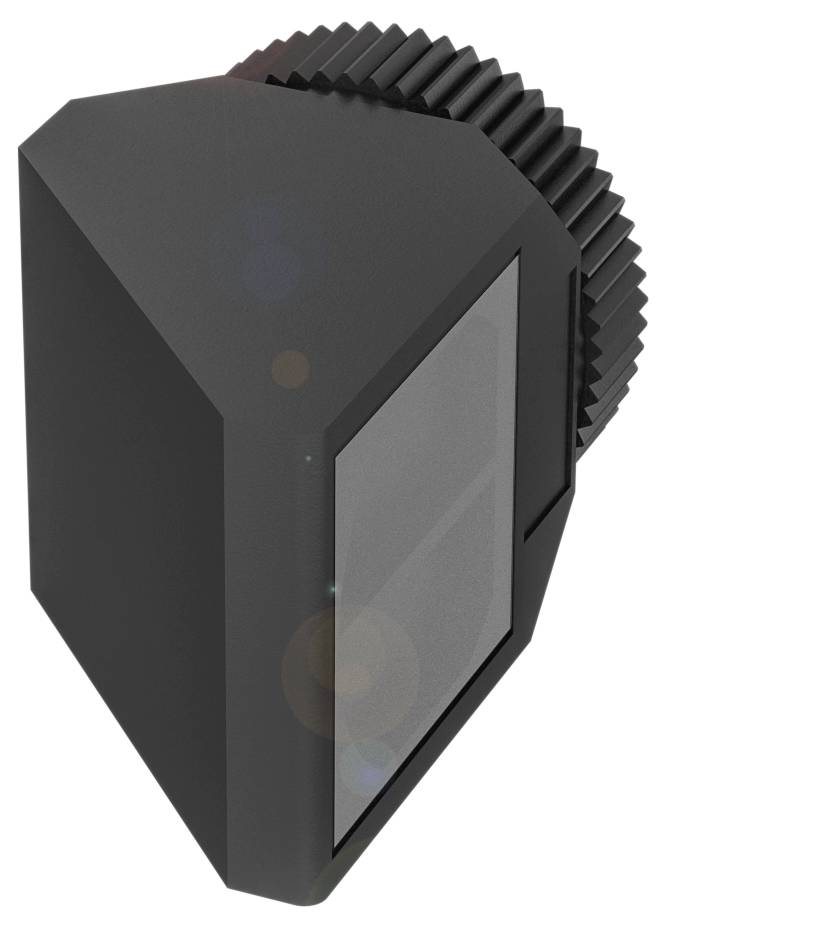 Ein schwarzes, prismatisches Gerät mit einer transparenten Frontscheibe und einem gezahnten Rad, das mechanische Funktion andeutet.