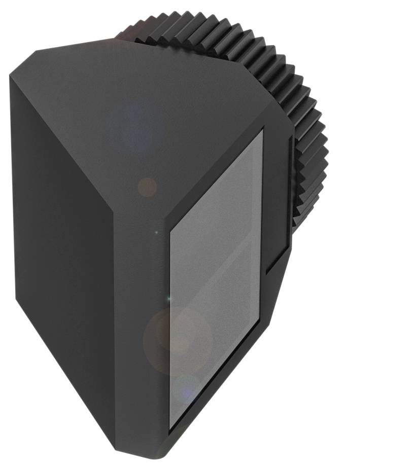 Ein schwarzes, pyramidenförmiges elektronisches Gerät mit einem geriffelten Rad an der Rückseite, möglicherweise ein Objektivaufsatz.