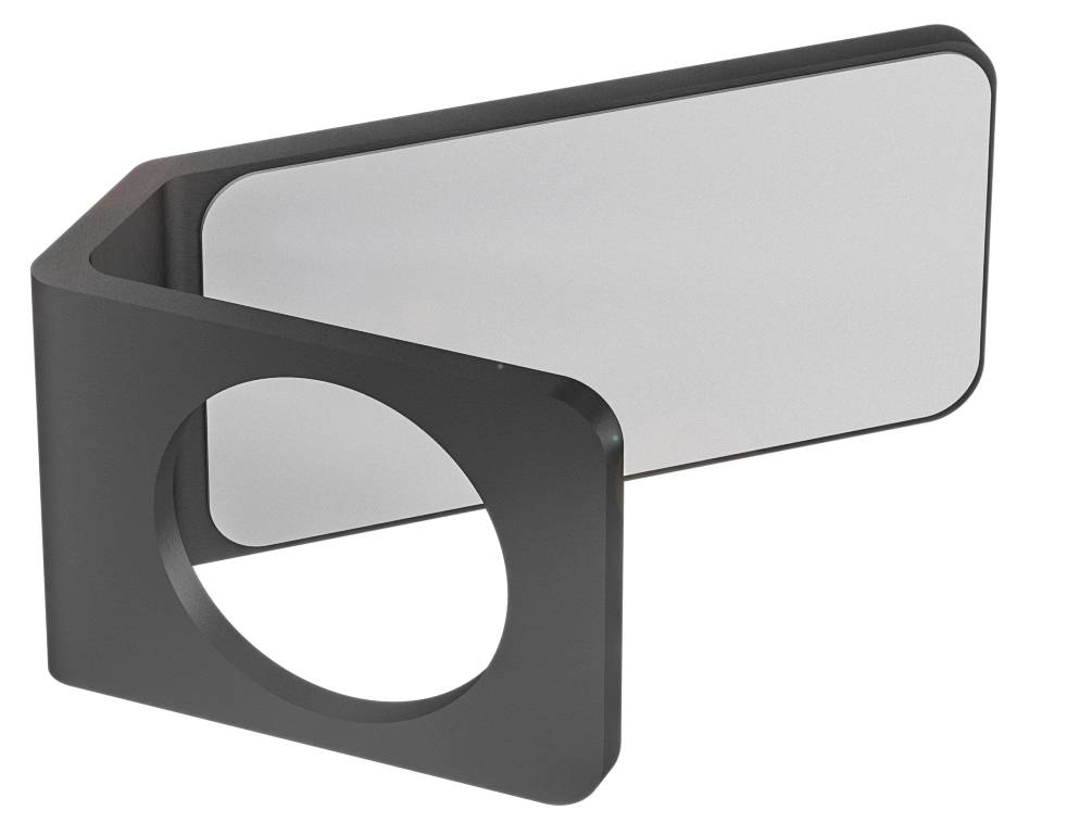 Schwarzes, L-förmiges Objekt mit rechteckigem, transparentem Teil.