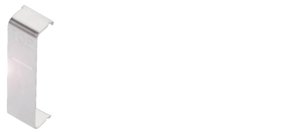 Ein metallisches, gebogenes Bauteil vor weißem Hintergrund, vermutlich ein Halteclip oder eine Klemme mit der Aufschrift 'TOP'.