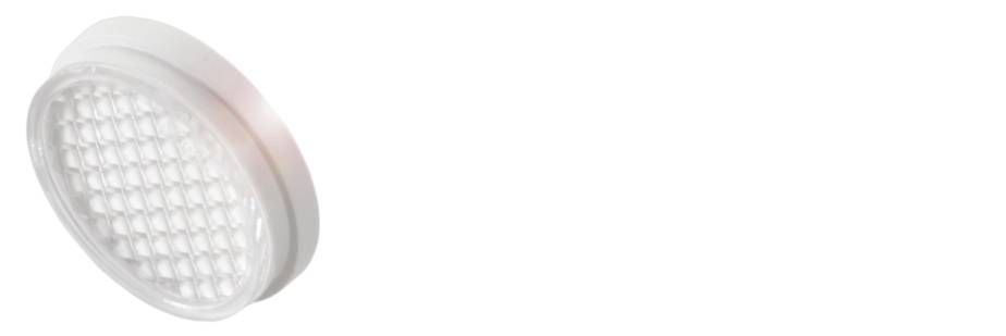 Weißer, runder LED-Lichtaufsatz mit Wabenstruktur vor weißem Hintergrund.