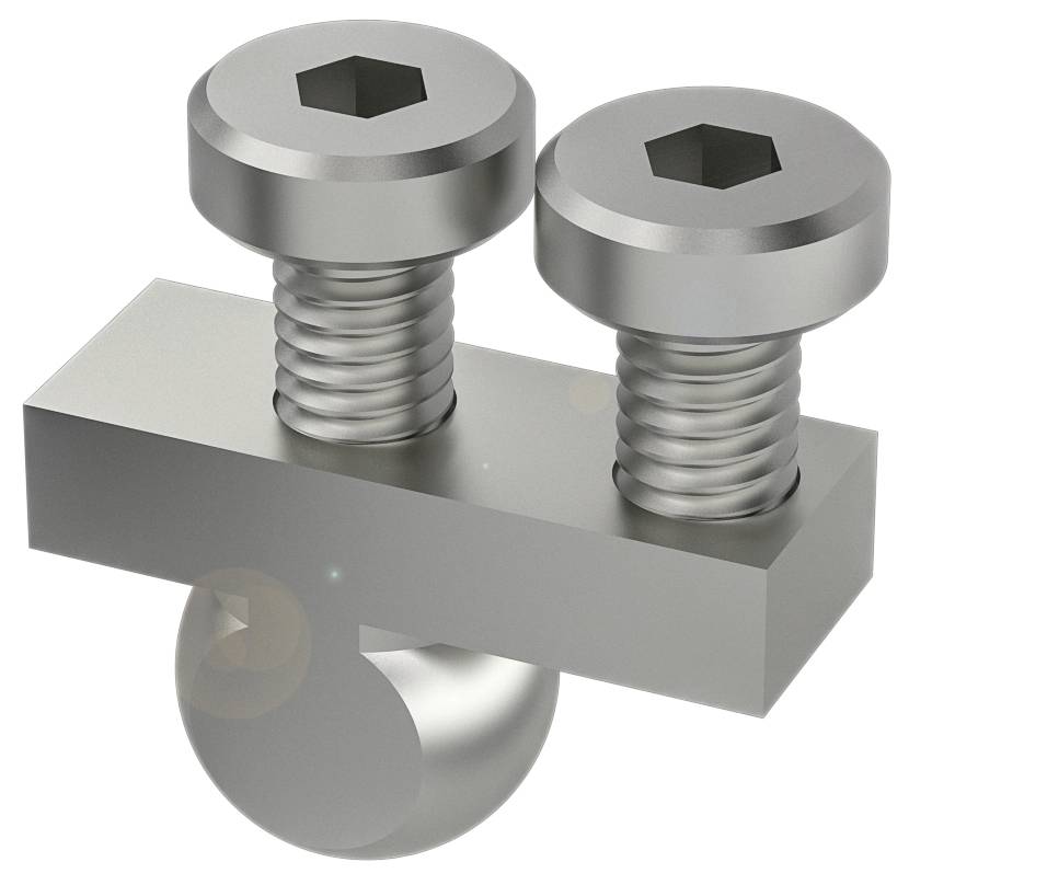 Zwei Sechskantschrauben aus Metall, eingeschraubt in einen rechteckigen Block, der mit einer kugelförmigen Basis verbunden ist.
