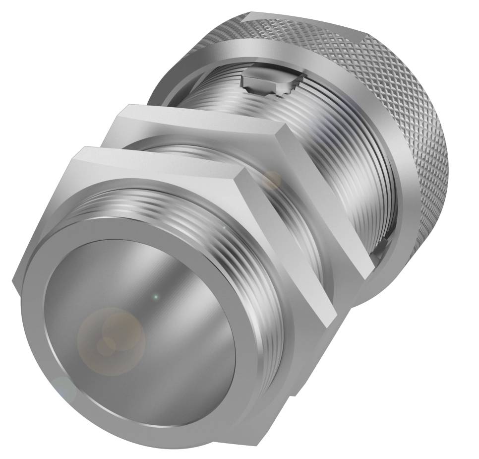 Ein metallischer Steckverbinder mit geriffeltem Griff und mehreren Gewinden, typischerweise für industrielle Anwendungen.