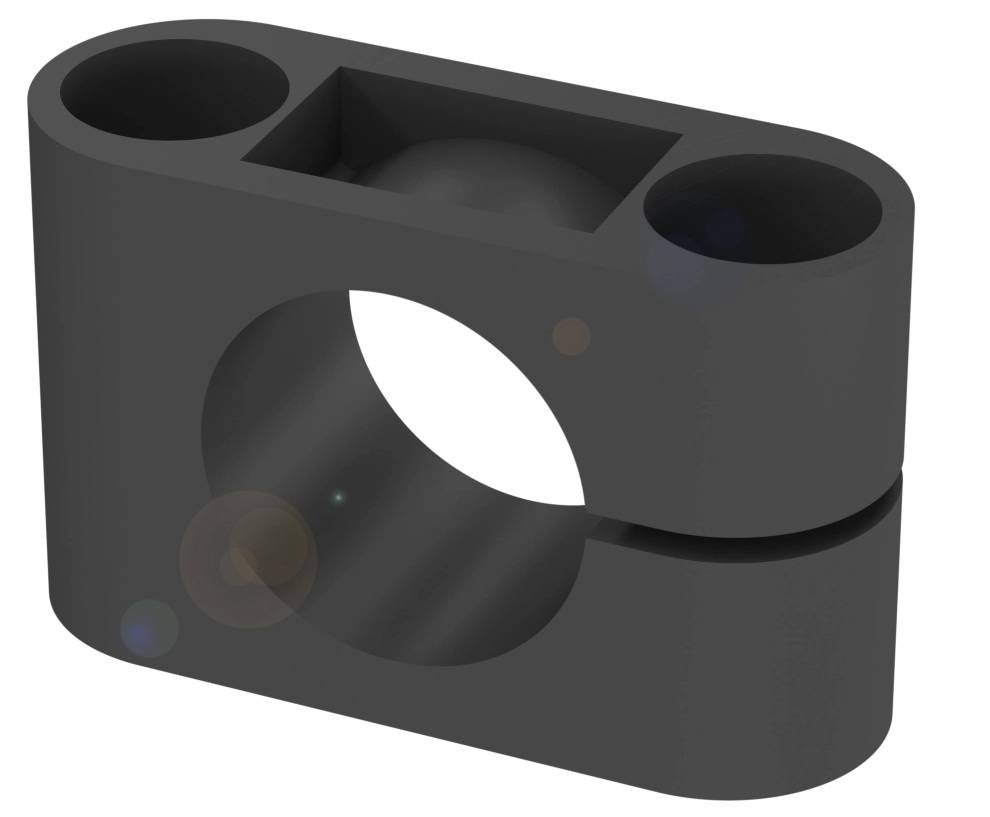 Ein schwarzer, rechteckiger Kunststoff-Halterungsklip mit zwei runden Bohrungen und einem großen, zentralen ovalen Schlitz.