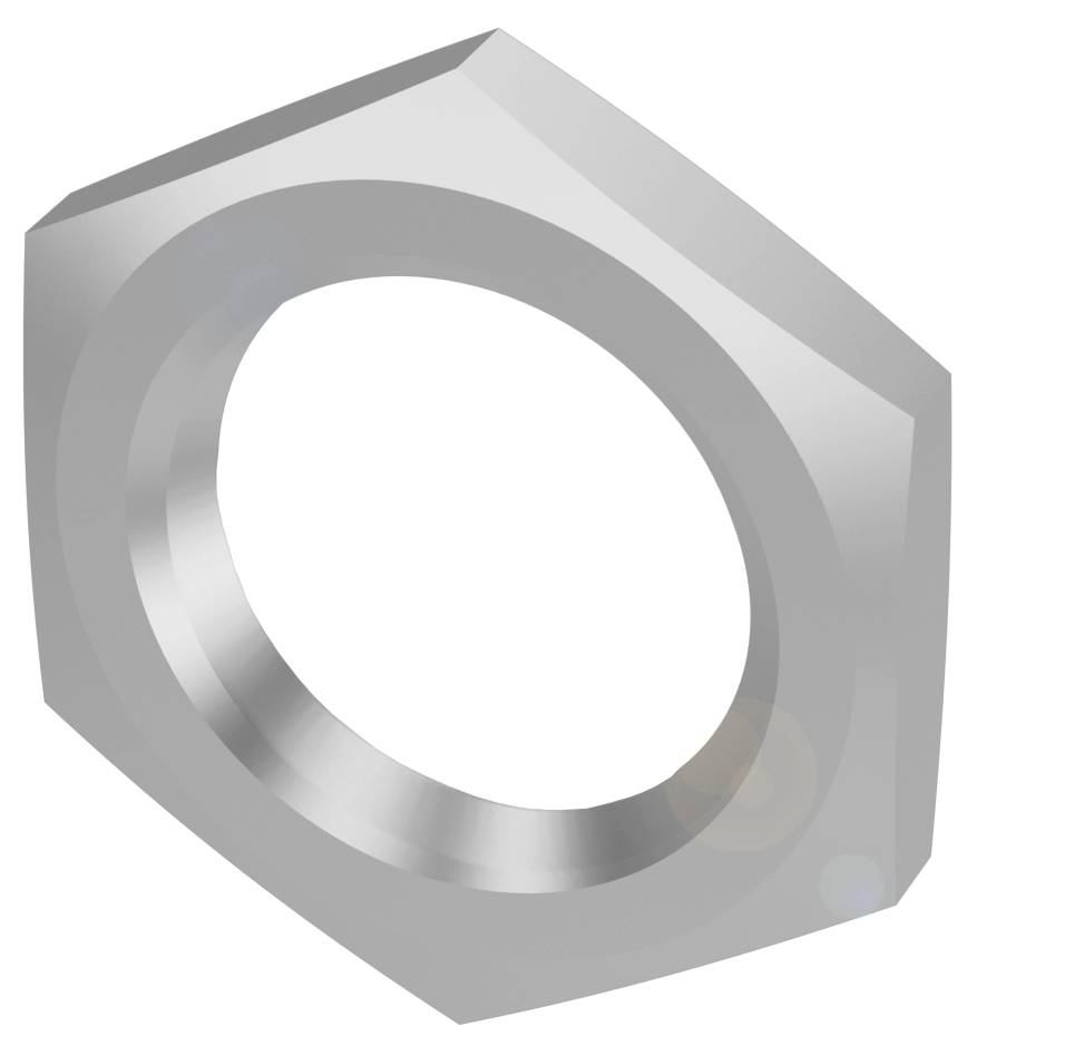 Sechskantmutter aus silbernem Metall, dargestellt in einer perspektivischen Ansicht.