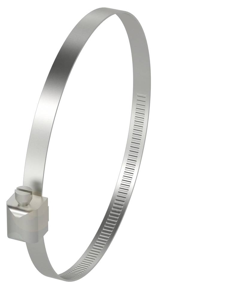 Metallische Schlauchklemme mit verstellbarem Verschluss, geeignet zum sicheren Befestigen von Schläuchen oder Kabeln in Industrieanwendungen.