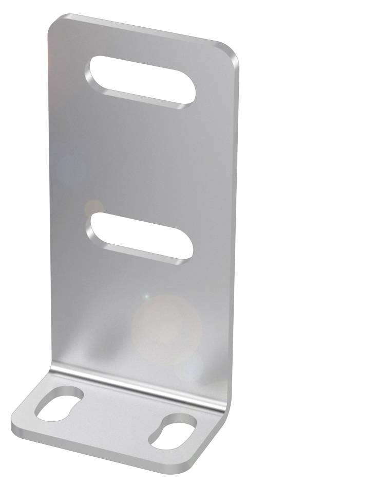 Metallhalterung mit zwei horizontalen Schlitzen und zwei Löchern an der Basis, geeignet zur Befestigung an Oberflächen.