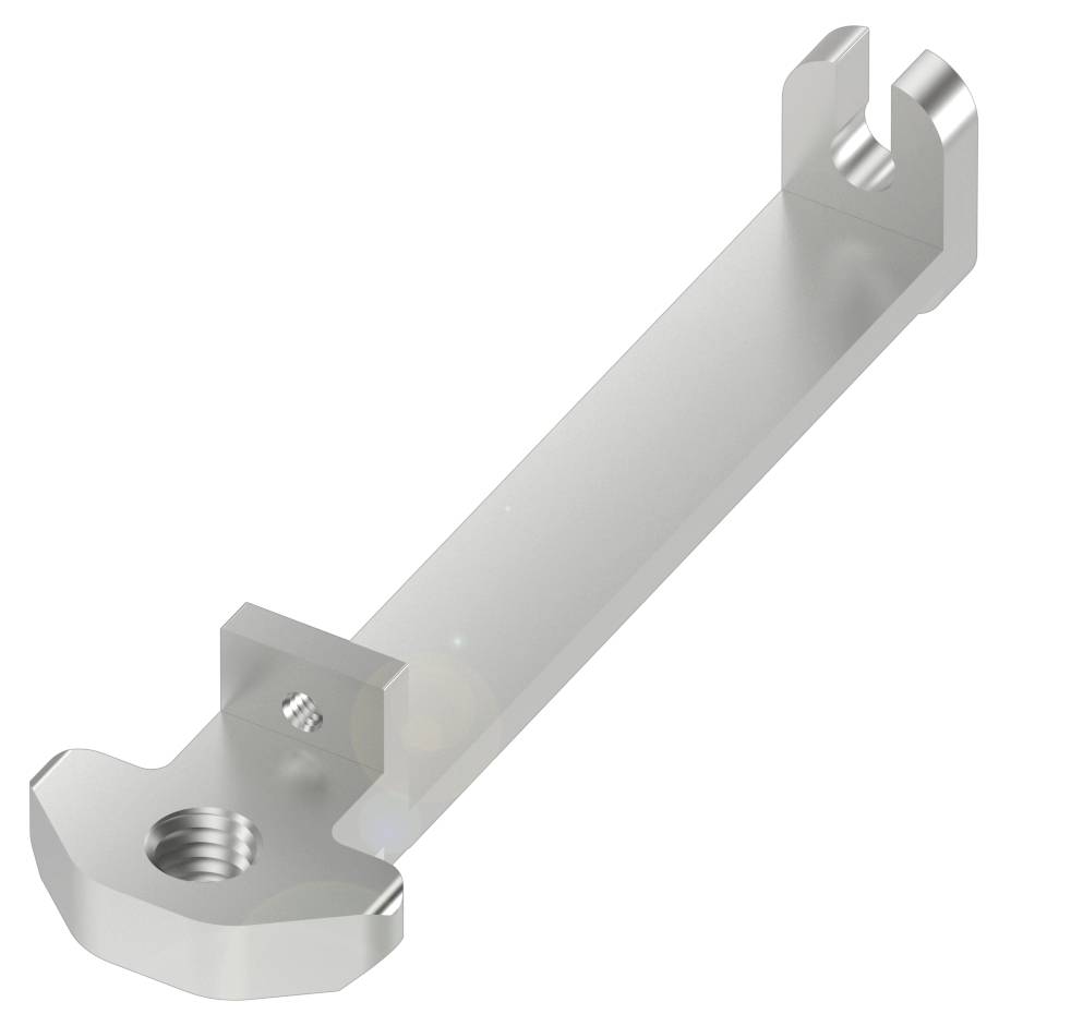 Ein silbernes, metallisches Bauteil mit Schraubenöffnungen und abgewinkelten Kanten, geeignet für mechanische Verbindungen.