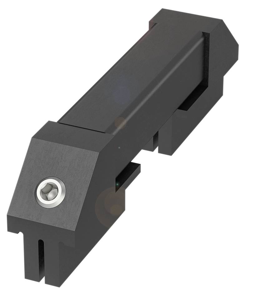 Ein schwarzes, metalldetektorähnliches Gerät mit einer silbernen Schraube an der Seite, schräg nach rechts geneigt.