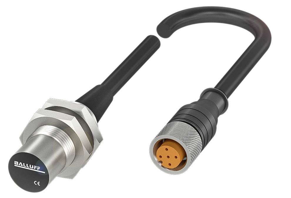 Ein zylindrischer Sensor und ein Stecker mit mehreren Kontakten. Der Sensor trägt ein Logo, das nicht lesbar ist.