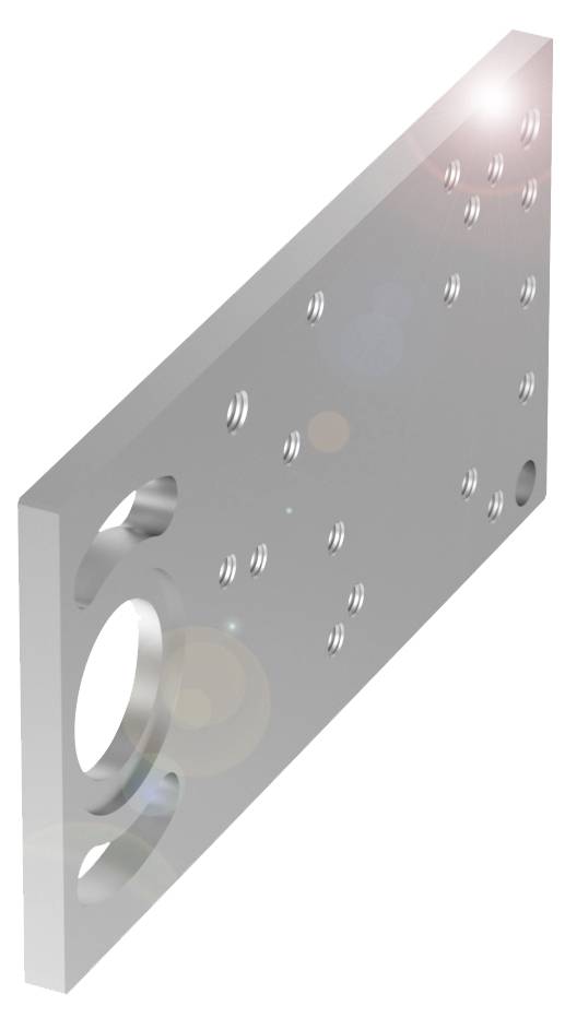 Metallplatte mit mehreren Bohrungen unterschiedlicher Größe. Beleuchtung oben rechts, möglicherweise für technische Anwendungen.