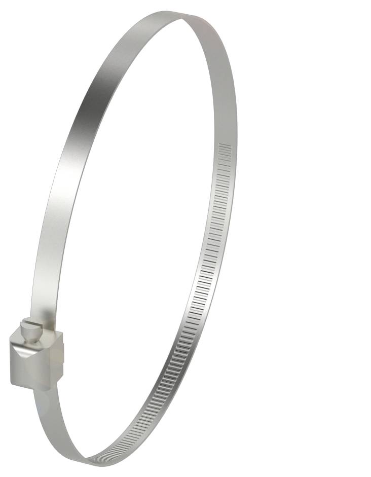 Metallschneckenschrauben-Klemme, zylindrisch, silbrig glänzend, primär für feste Rohrverbindungen verwendet.