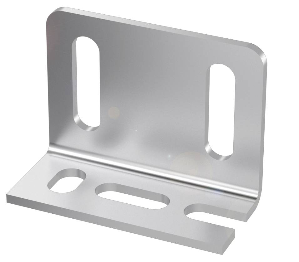 Metallwinkelhalterung mit mehreren rechteckigen und ovalen Löchern, für Montage oder Befestigung an Bau- oder Möbelprojekten geeignet.