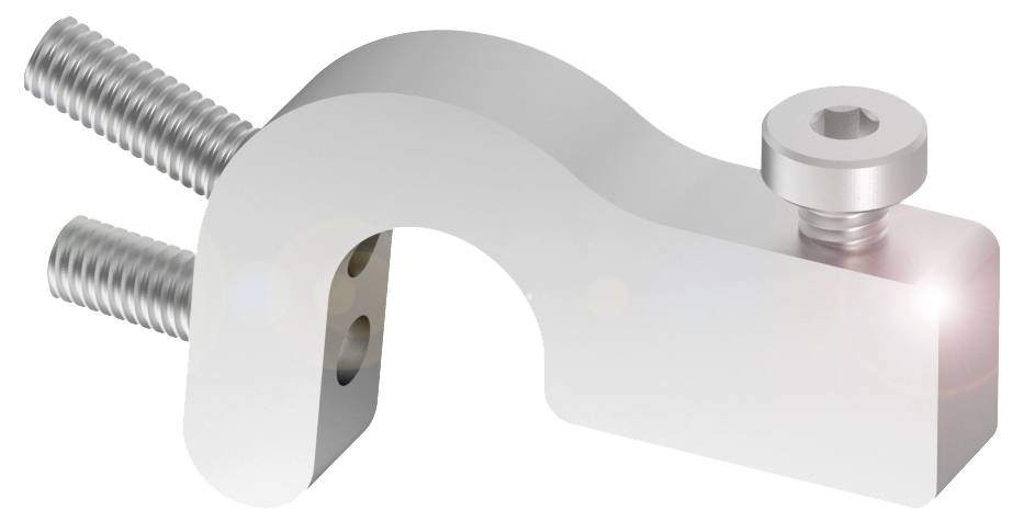 Metallhalterung mit zwei Schrauben und einem Bolzen, die für die Befestigung in mechanischen Anwendungen verwendet wird.