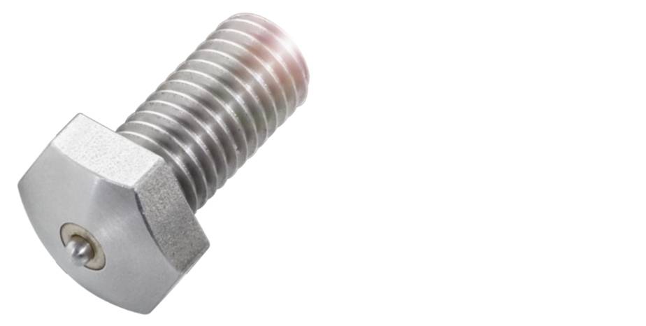 Eine silberne Schraube mit Sechskantkopf liegt schräg auf weißem Hintergrund.