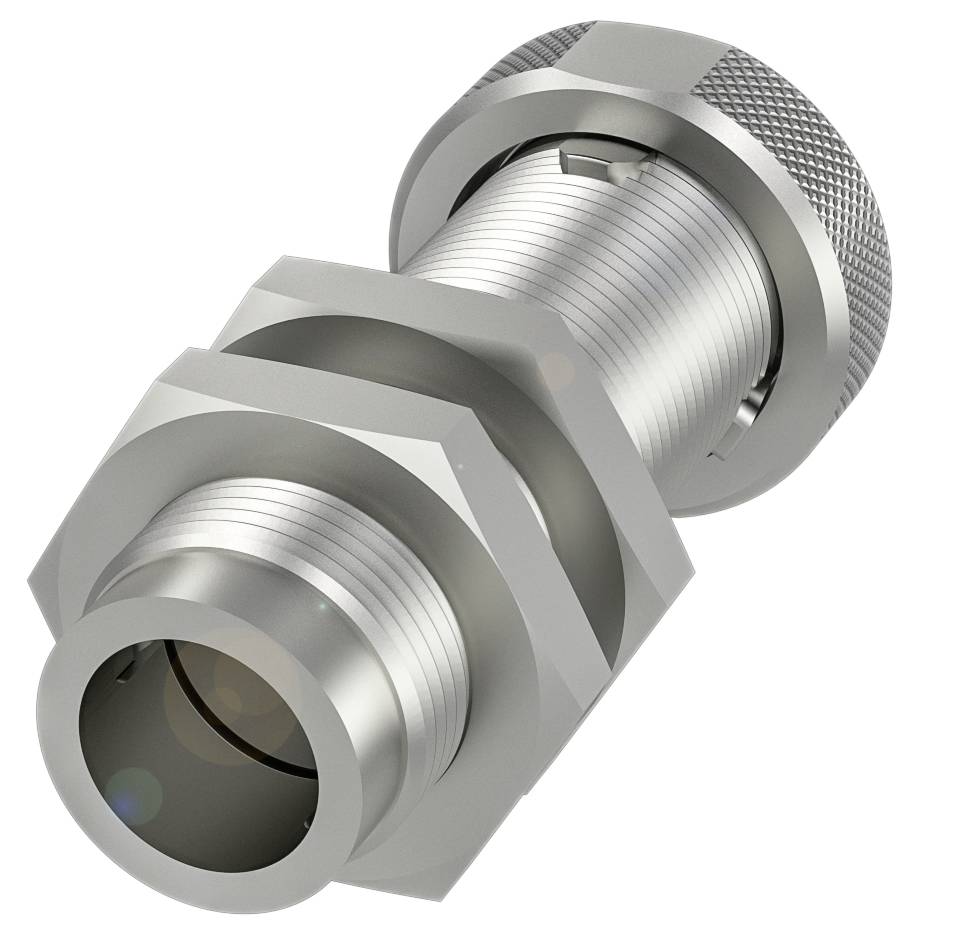 Ein silberner, zylindrischer Metallstecker mit gerändeltem Rand und Schraubgewinde zur elektrischen oder mechanischen Verbindung.