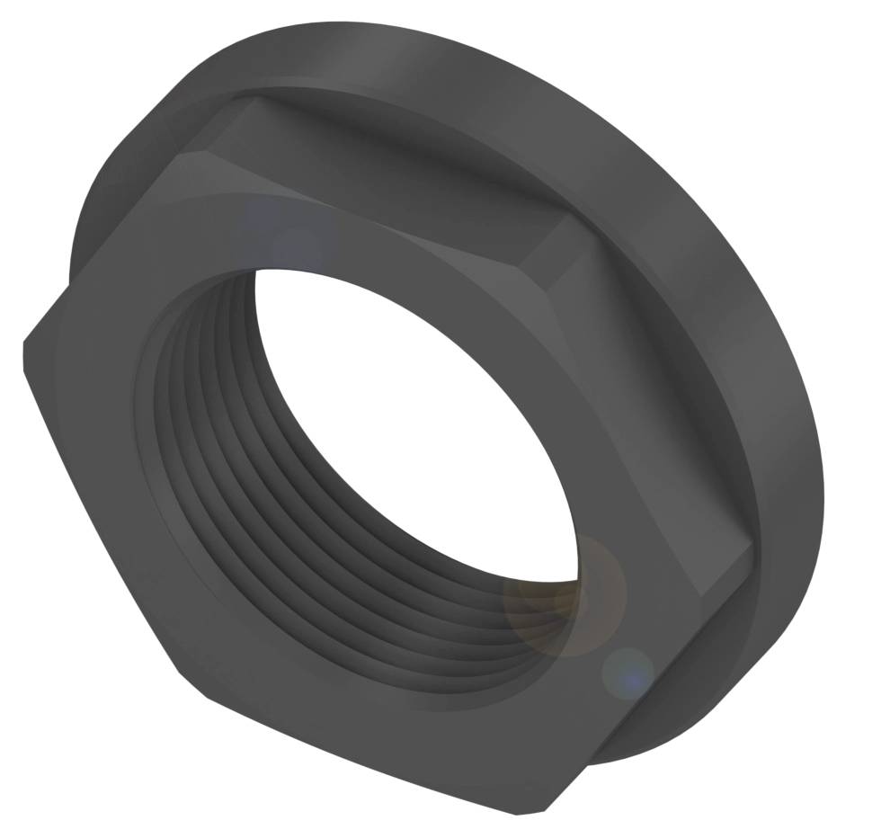 Eine schwarze Sechskantmutter, perspektivisch von oben dargestellt. Geeignet für industrielle Schraubverbindungen.