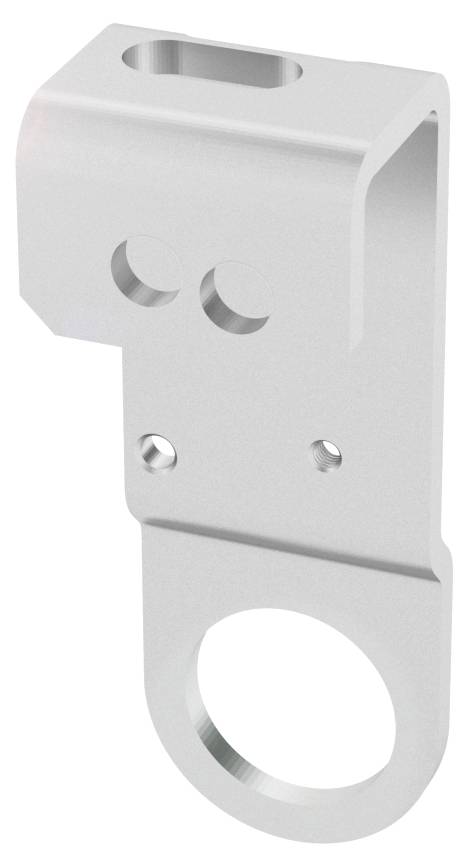 Ein silbernes Metallteil mit zwei Schraublöchern und einer großen runden Öffnung unten, wahrscheinlich ein Befestigungselement für technische Geräte.