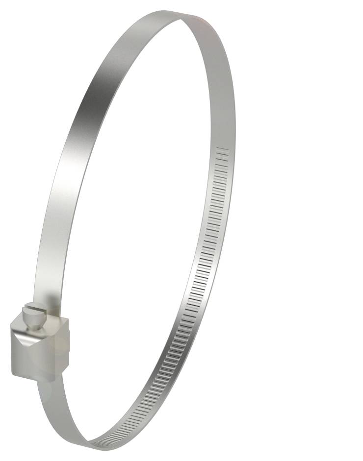 Metallischer Kabelbinder in Form eines Rings mit Rasterverschluss, geeignet zur Bündelung von Kabeln oder Befestigung von Rohren.