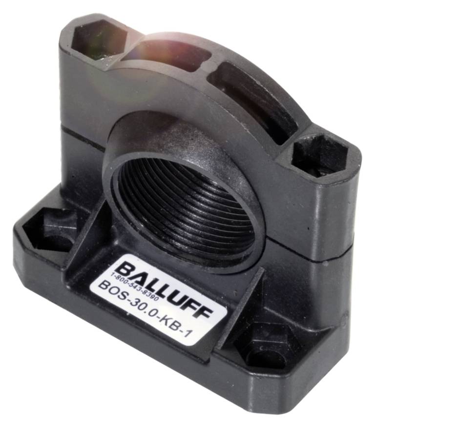 Schwarzes Kunststoffwinkelstück mit Gewinde, Aufschrift 'Balluff BOS 30-0-KB-1'. Verwendet zur Montage von Sensoren oder industriellen Komponenten.