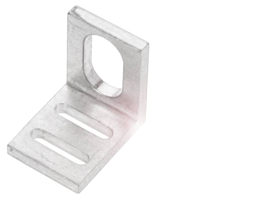 Metallwinkelverbinder mit rechteckiger Grundfläche und zwei Langlöchern zur Befestigung. Hochformat mit einer abgerundeten Ecke.