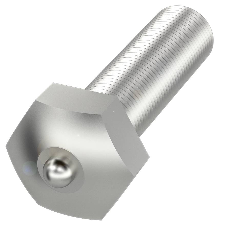 Ein silberner, sechseckiger Schraubenkopf mit langem, gerilltem Schaft. Verwendet zum Befestigen von Geräten oder Materialien.