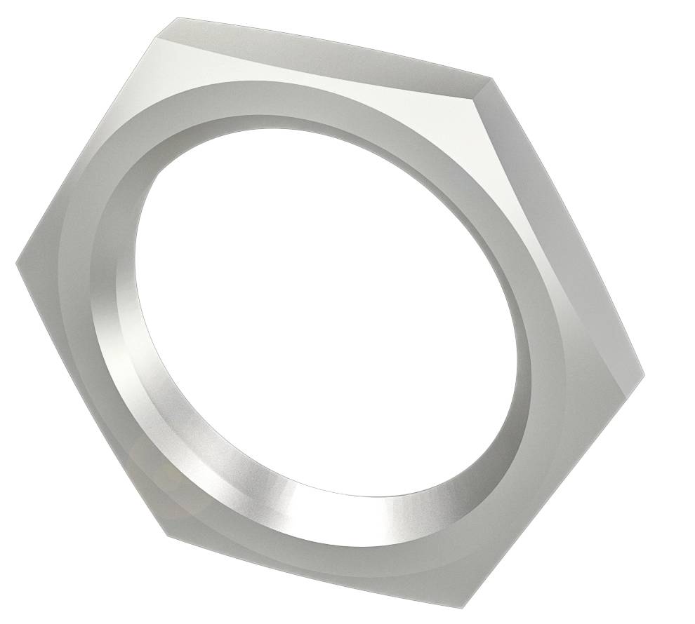 Sechseckige Metallmutter, silbern glänzend, auf weißem Hintergrund.