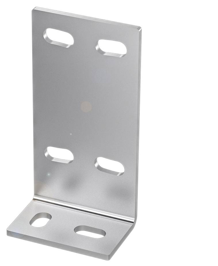 Metallwinkel mit vier ovalen Löchern zur Befestigung, in L-Form. Ideal für den Einsatz in Konstruktionen oder Montagen.