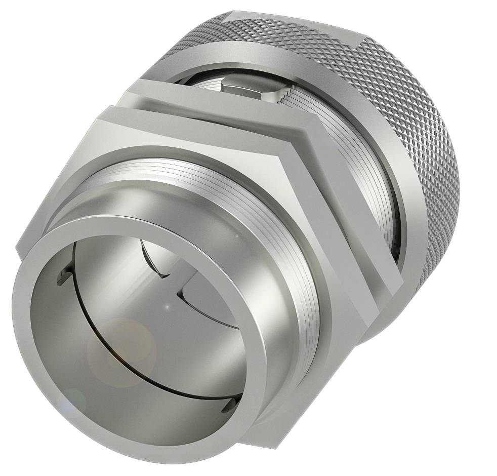 Graues Metallgewinde, zylindrische Form mit geriffeltem Rand, dient als Verbindungselement für Rohre oder Kabel.