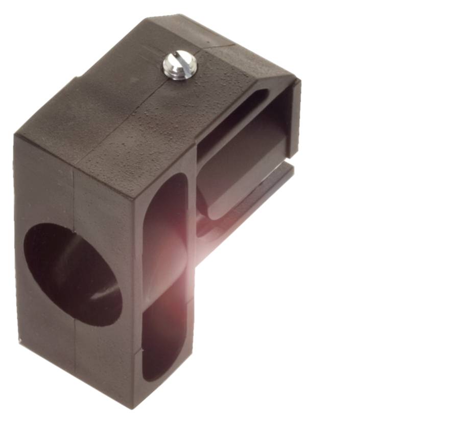 Ein schwarzes Kunststoffteil mit einem Metallbolzen, das eine runde und eine rechteckige Öffnung hat; möglicherweise ein Klemmenhalter.