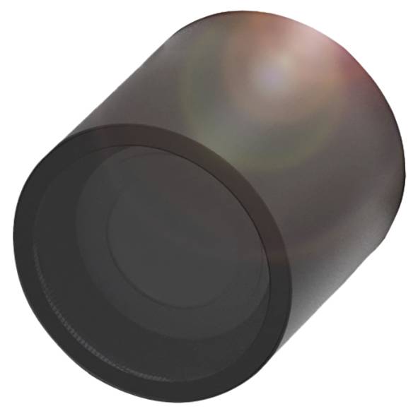 Ein schwarzes, zylindrisches Objektiv mit Linseneffekt und Lichteinstrahlung auf der Oberseite.