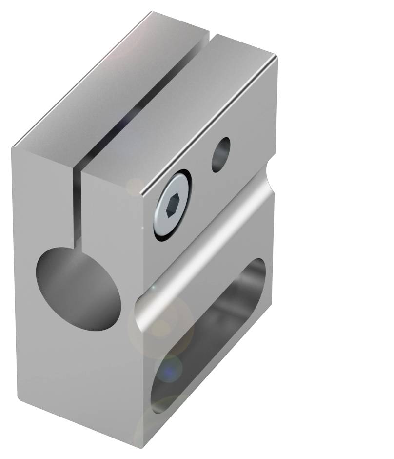 Ein rechteckiges Metallteil mit mehreren Bohrungen und einer zentralen Einkerbung. Schraube oben sichtbar. Technik-Komponente.