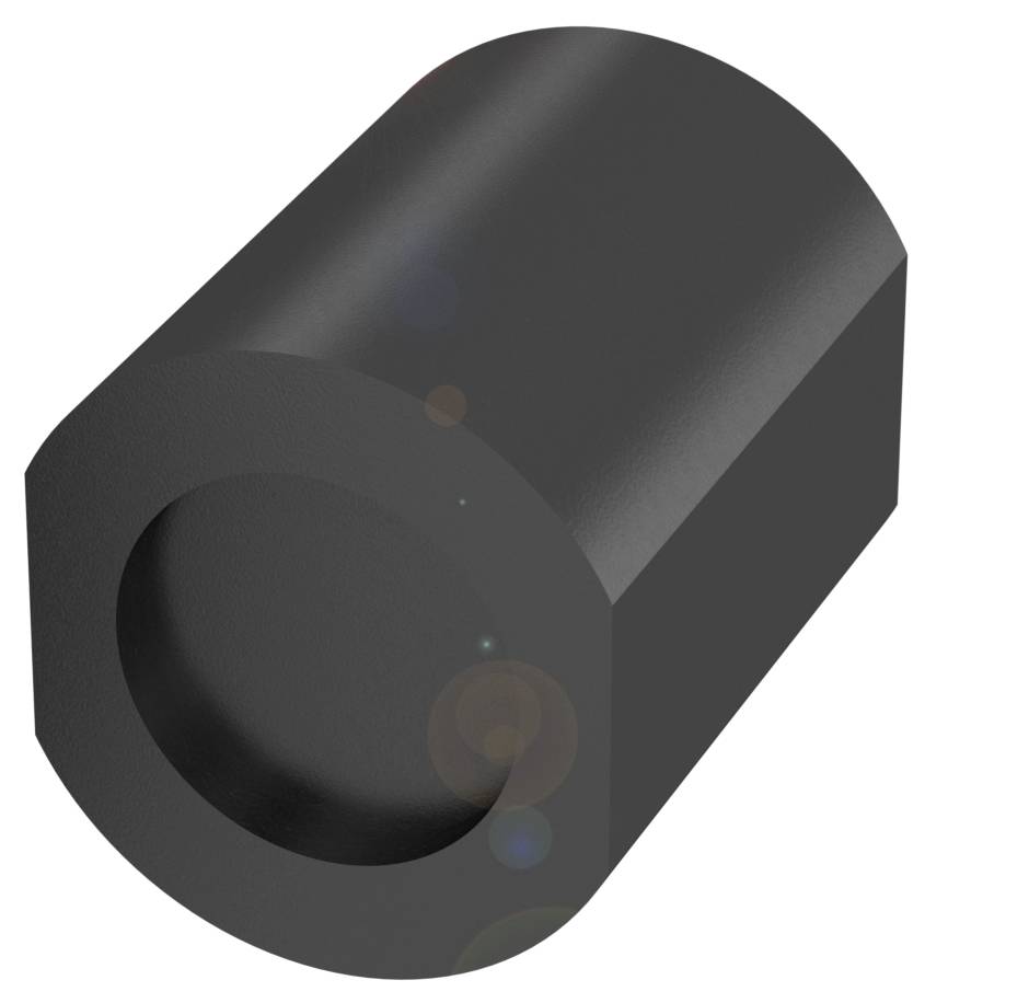 Ein schwarzer, zylindrischer Block mit einer runden Vertiefung an einer Seite.