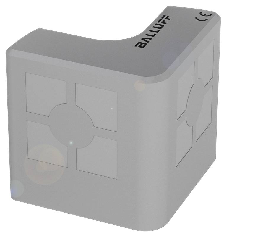 Grauer, abgewinkelter Block mit der Aufschrift 'BALLUFF' und quadratischen Mustern auf den Seiten, beleuchtet von einem Lichtstrahl.