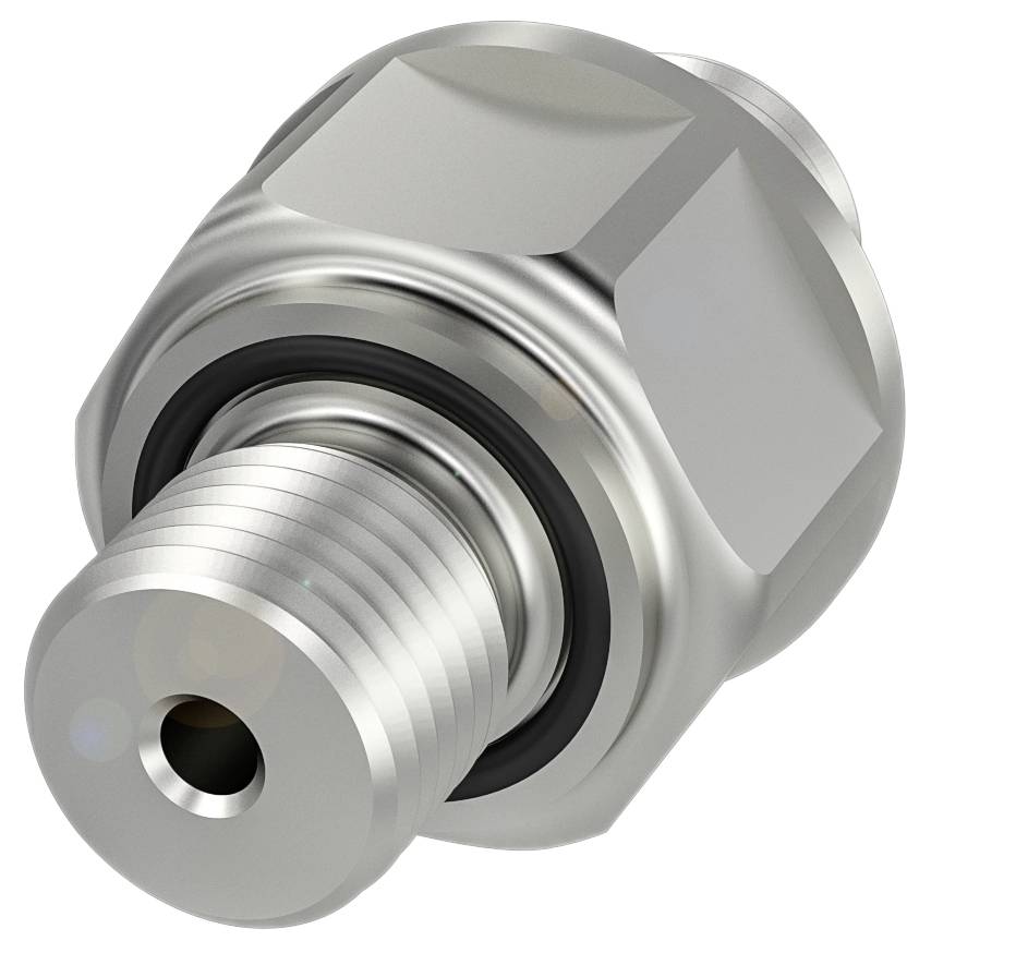 Ein silberner, sechseckiger Metalladapter mit Gewinde und Dichtungsring, oft verwendet für Rohr- oder Schlauchverbindungen.