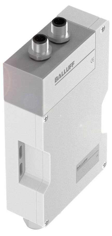 Ein rechteckiges, silbergraues elektronisches Gerät von Balluff mit zwei Gewindesteckverbindungen oben.
