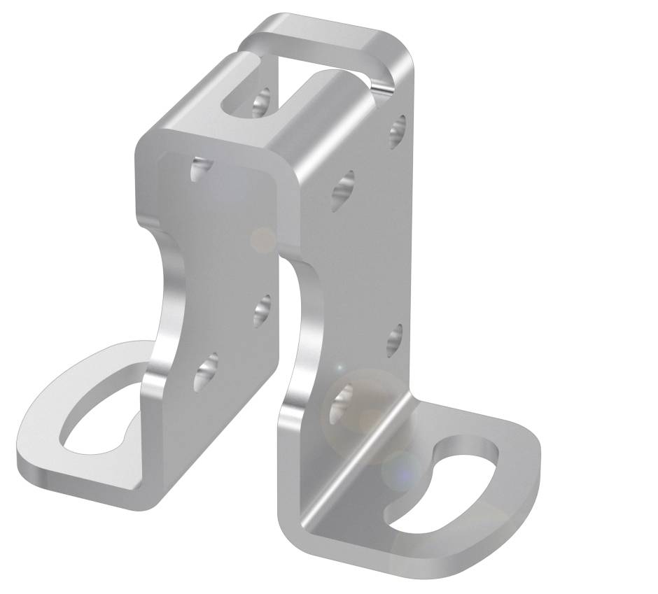 Ein gebogenes, silberfarbenes Metallteil mit mehreren Löchern, möglicherweise ein Halterungs- oder Befestigungselement.