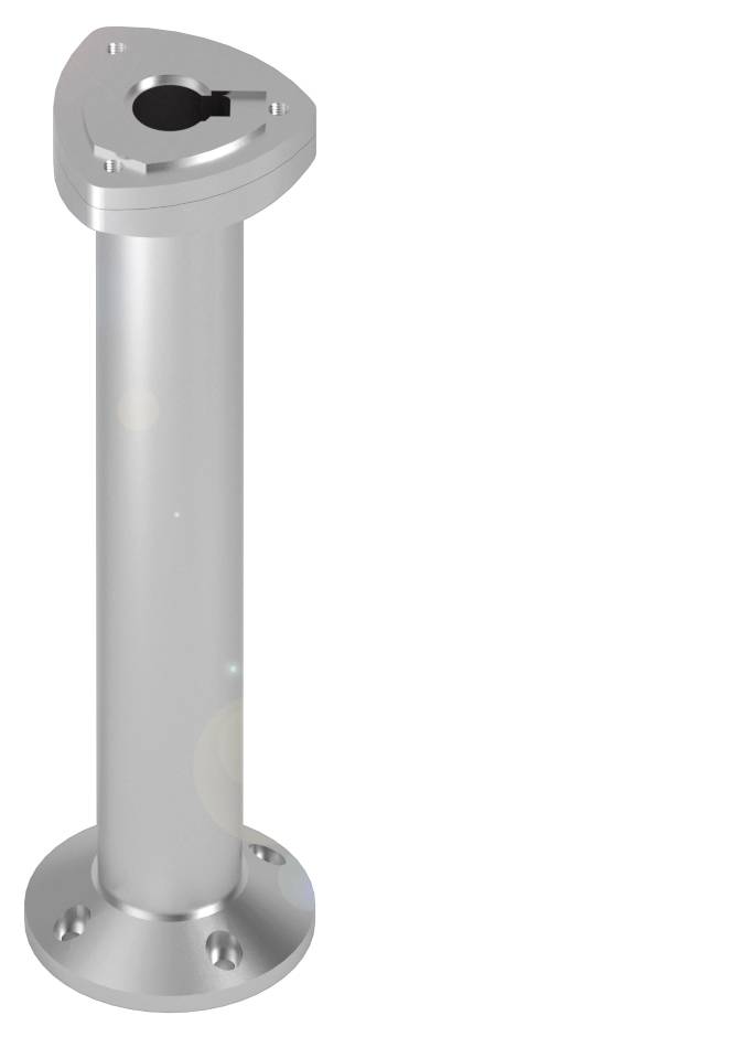 Metallische Halterung oder Pfosten mit dreieckiger Befestigungsplatte und rundem Sockel, möglicherweise für Bau- oder Industrieanwendungen.