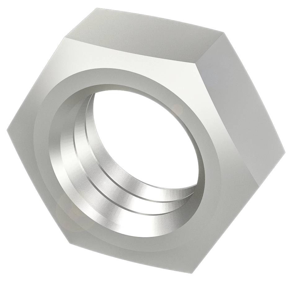 Sechskantmutter aus Metall, silberfarben, mit Innengewinde, auf weißem Hintergrund. Geeignet für mechanische Befestigungen.