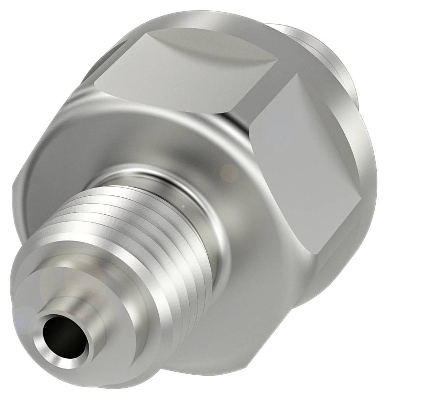 Metallischer Adapter, konisch zulaufend mit sechseckigem Kopf, geeignet für Rohrverbindungen in technischen Anwendungen.
