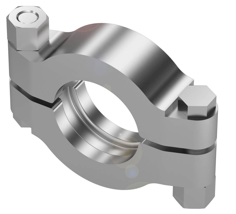 Silberne Metallklemme mit zwei Schrauben, in geschlossener Position gezeigt, vor einem weißen Hintergrund.