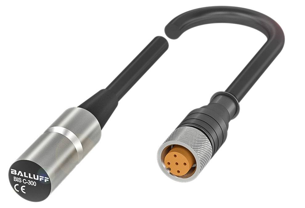 Ein industrieller Sensor von Balluff, Modell BIS C-300, gezeigt mit einem verbundenen Kabel, verwendet für Automatisierungsanwendungen.